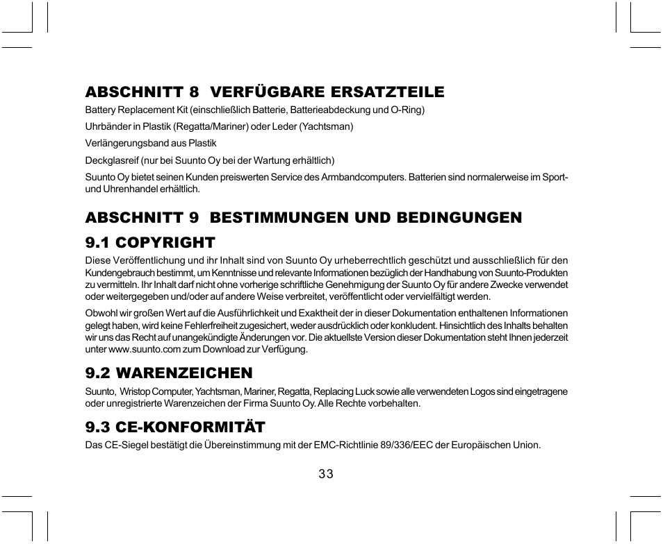 Abschnitt 8 verfügbare ersatzteile, 2 warenzeichen, 3 ce-konformität | SUUNTO Yachtsman User Manual | Page 101 / 270
