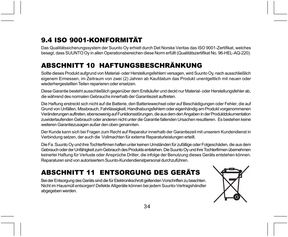 Abschnitt 10 haftungsbeschränkung, Abschnitt 11 entsorgung des geräts | SUUNTO Yachtsman User Manual | Page 102 / 270