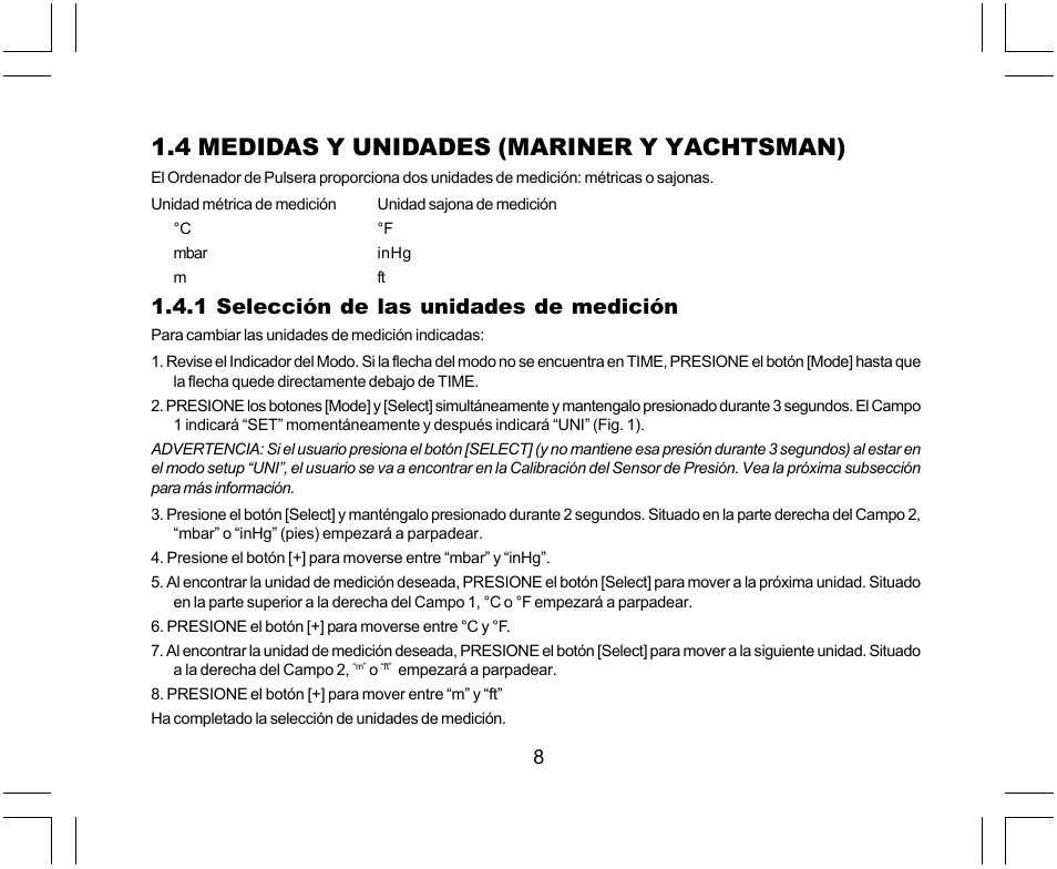 4 medidas y unidades (mariner y yachtsman), 1 selección de las unidades de medición | SUUNTO Yachtsman User Manual | Page 110 / 270
