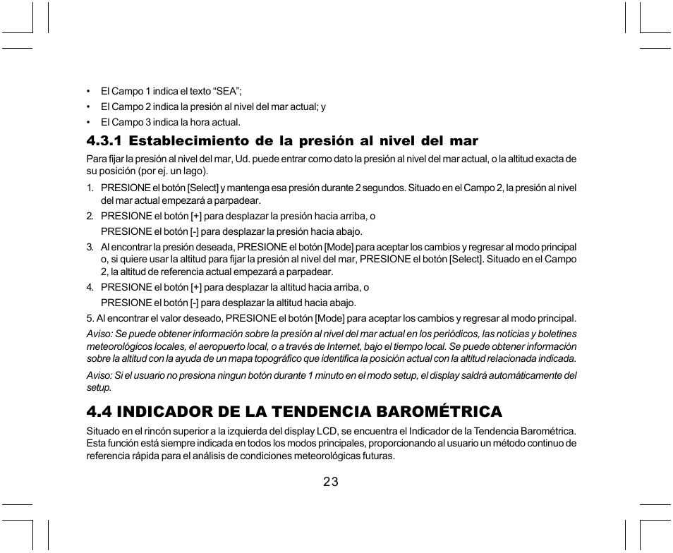 4 indicador de la tendencia barométrica, 1 establecimiento de la presión al nivel del mar | SUUNTO Yachtsman User Manual | Page 125 / 270