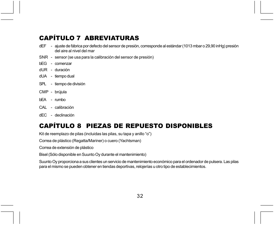 Capítulo 7 abreviaturas, Capítulo 8 piezas de repuesto disponibles | SUUNTO Yachtsman User Manual | Page 134 / 270