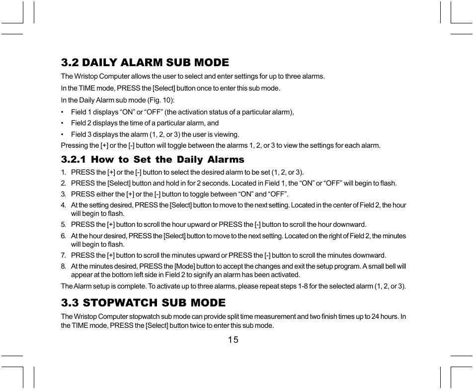 2 daily alarm sub mode, 3 stopwatch sub mode | SUUNTO Yachtsman User Manual | Page 17 / 270