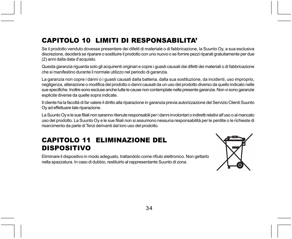 Capitolo 10 limiti di responsabilita, Capitolo 11 eliminazione del dispositivo | SUUNTO Yachtsman User Manual | Page 170 / 270
