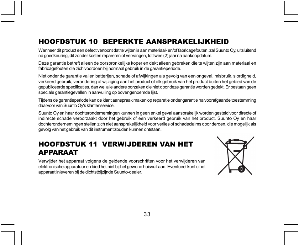 Hoofdstuk 10 beperkte aansprakelijkheid, Hoofdstuk 11 verwijderen van het apparaat | SUUNTO Yachtsman User Manual | Page 203 / 270