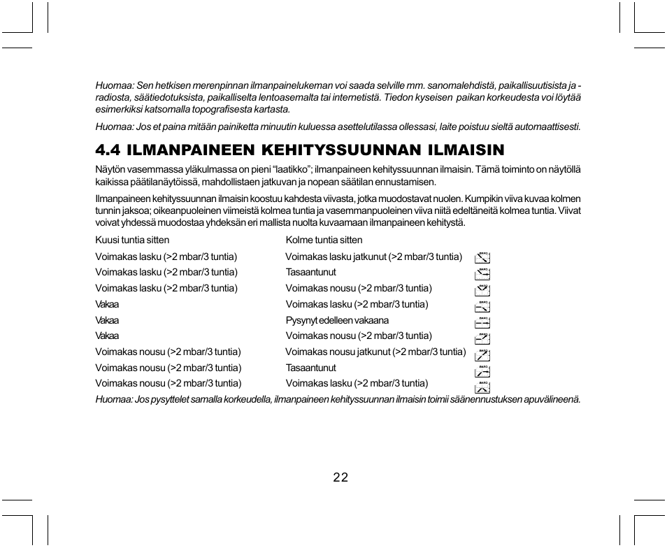 4 ilmanpaineen kehityssuunnan ilmaisin | SUUNTO Yachtsman User Manual | Page 226 / 270