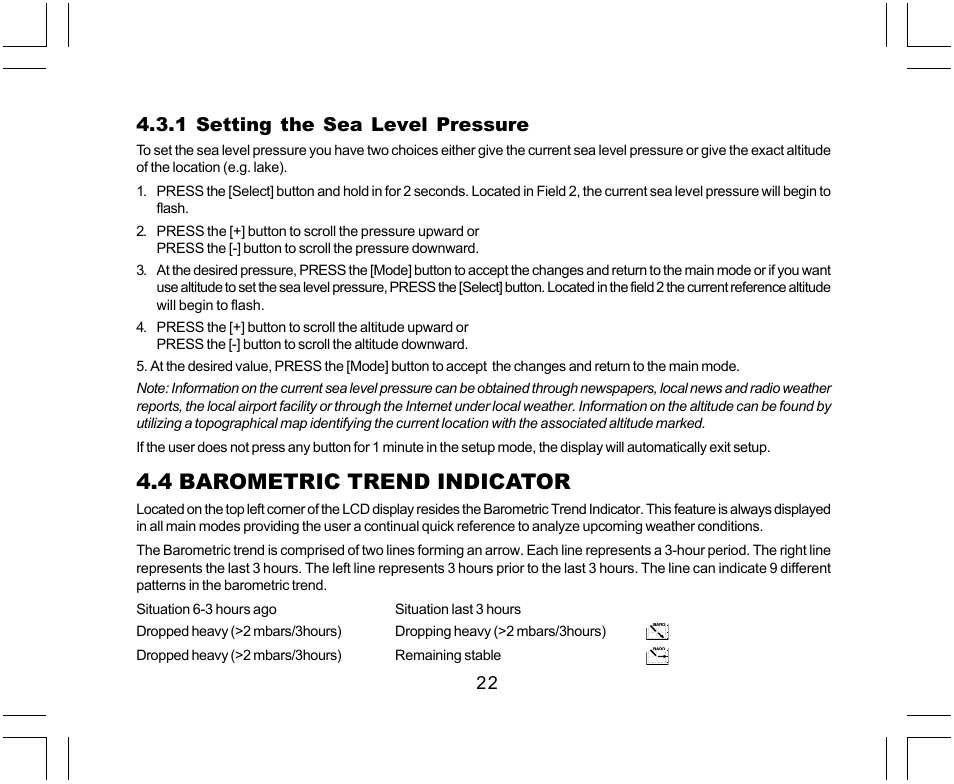 4 barometric trend indicator, 1 setting the sea level pressure | SUUNTO Yachtsman User Manual | Page 24 / 270