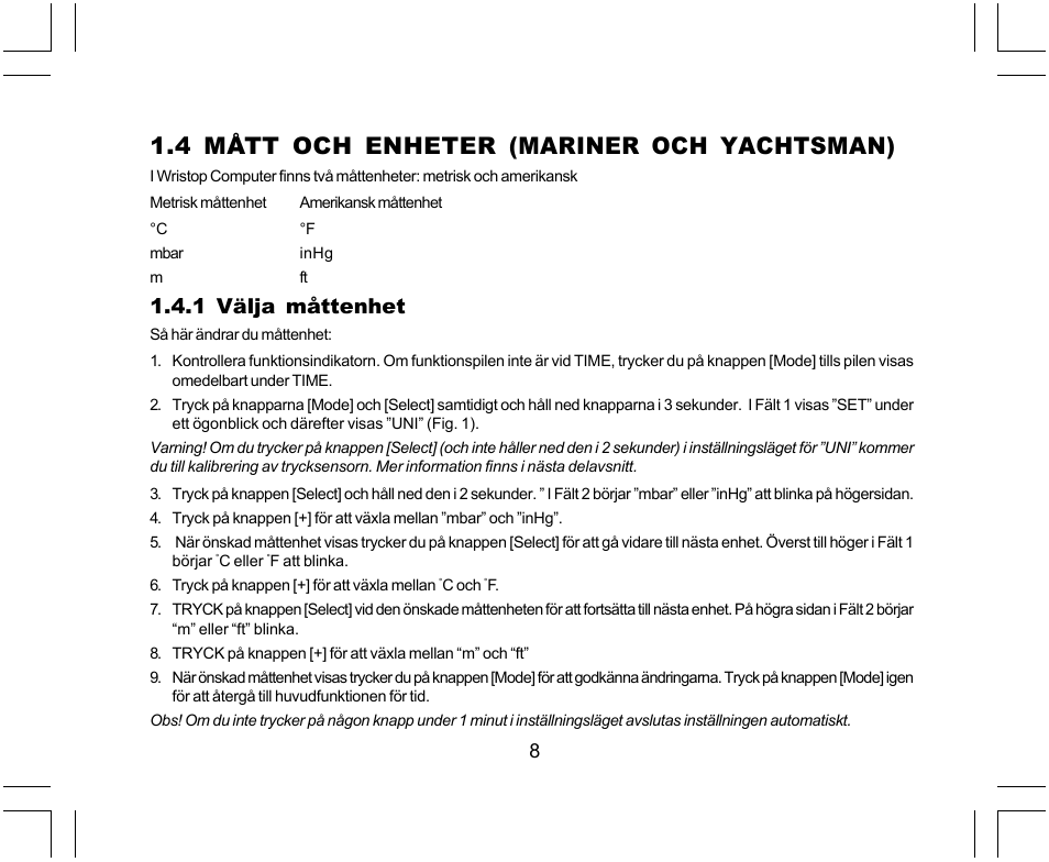 4 mått och enheter (mariner och yachtsman), 1 välja måttenhet | SUUNTO Yachtsman User Manual | Page 244 / 270