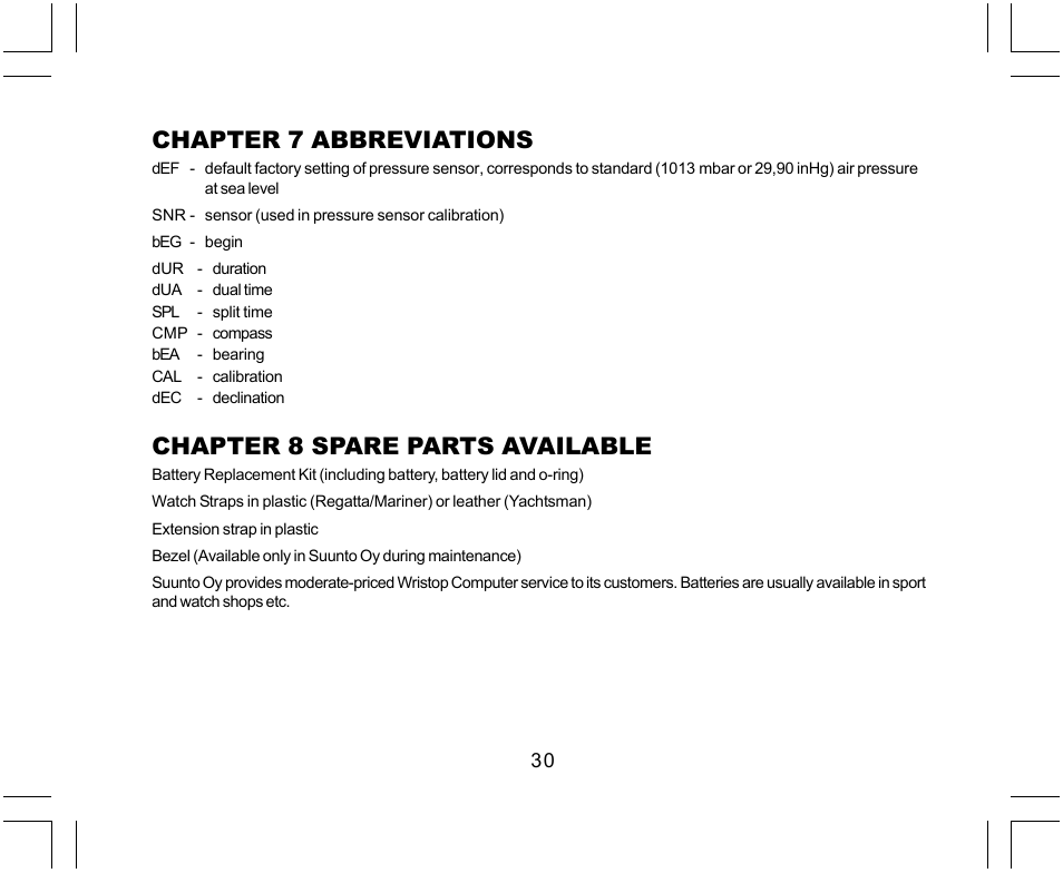 Chapter 7 abbreviations, Chapter 8 spare parts available | SUUNTO Yachtsman User Manual | Page 32 / 270
