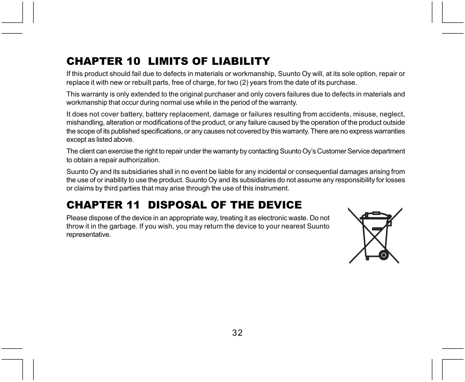 Chapter 10 limits of liability, Chapter 11 disposal of the device | SUUNTO Yachtsman User Manual | Page 34 / 270