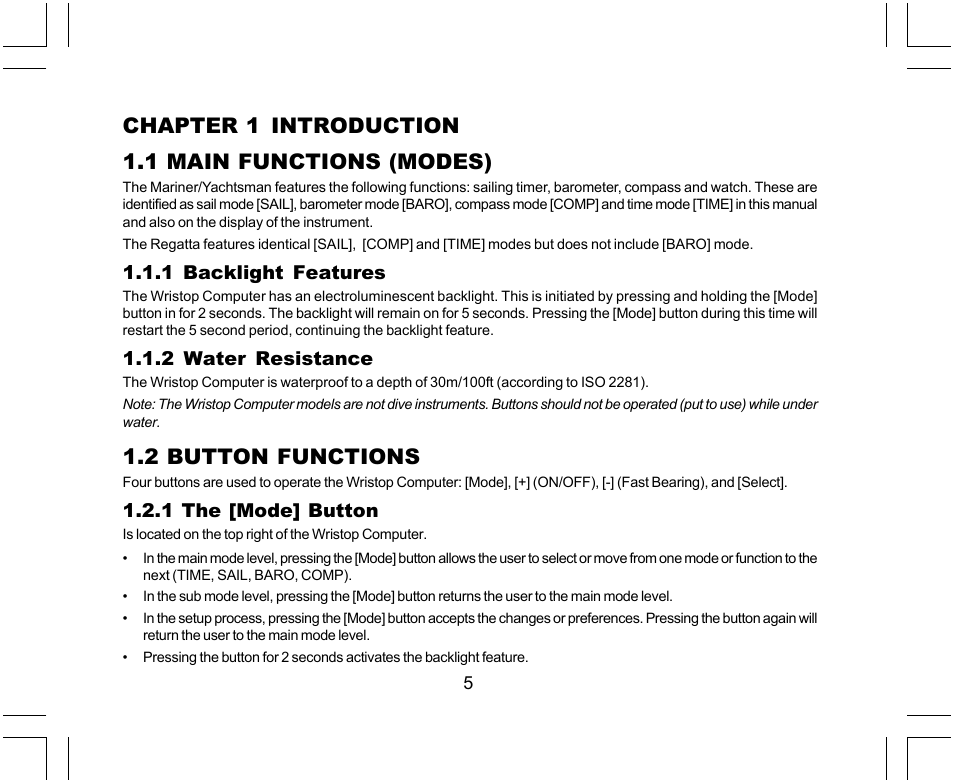 Chapter 1 introduction 1.1 main functions (modes), 2 button functions | SUUNTO Yachtsman User Manual | Page 7 / 270