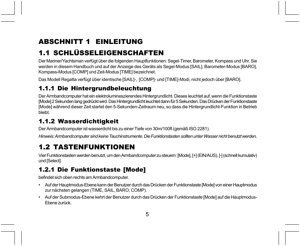 Abschnitt 1 einleitung 1.1 schlüsseleigenschaften, 2 tastenfunktionen | SUUNTO Yachtsman User Manual | Page 73 / 270