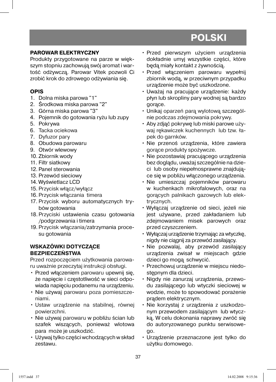 Polski | Vitek VT-1557 User Manual | Page 37 / 80