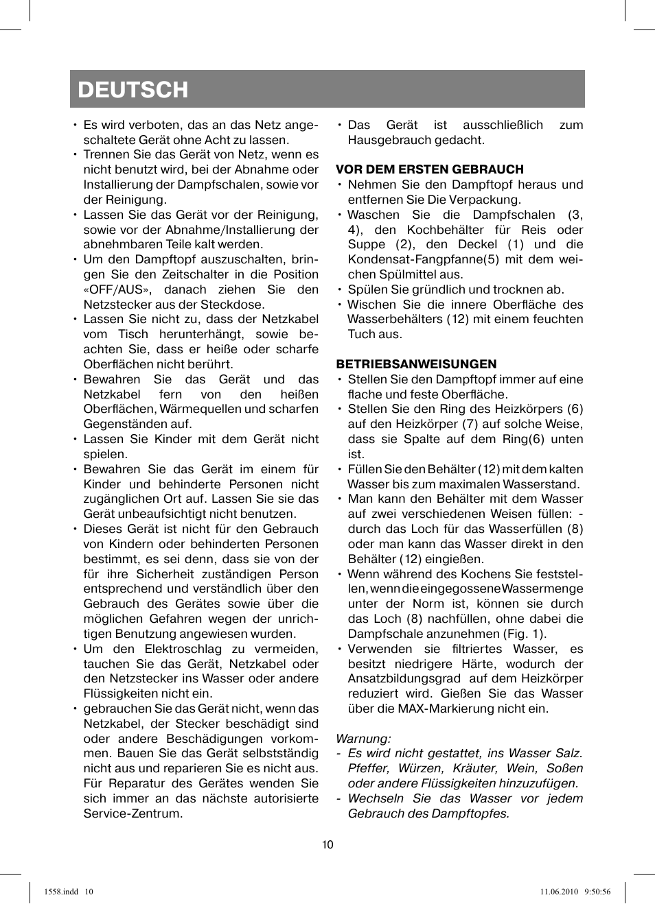 Deutsch | Vitek VT-1558 User Manual | Page 10 / 64