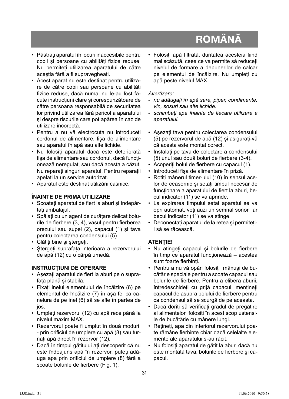 Română | Vitek VT-1558 User Manual | Page 31 / 64