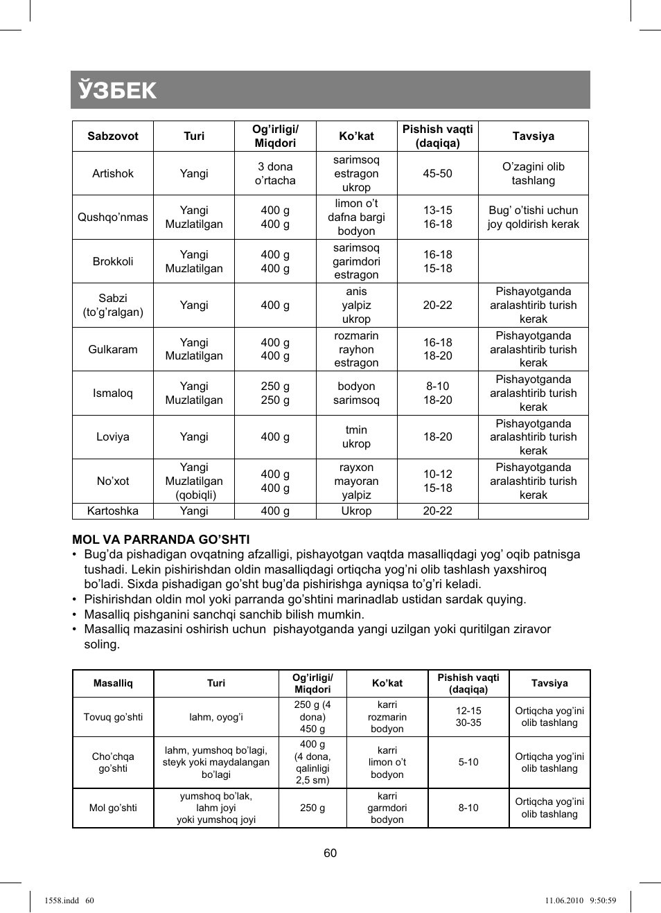 Ўзбек | Vitek VT-1558 User Manual | Page 60 / 64