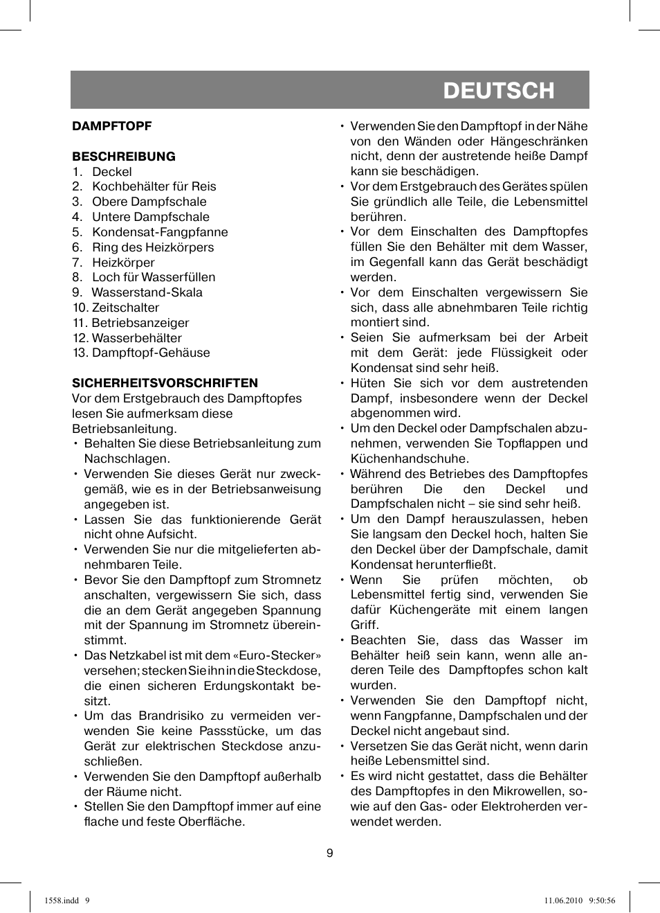 Deutsch | Vitek VT-1558 User Manual | Page 9 / 64