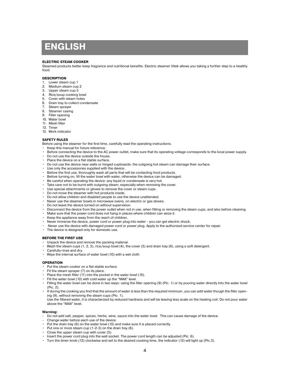 English | Vitek VT-1551 B User Manual | Page 4 / 68