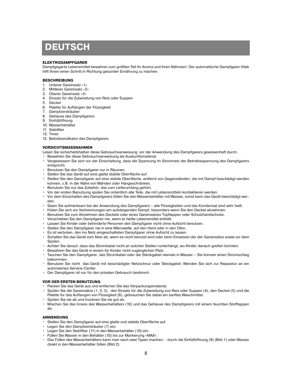 Deutsch | Vitek VT-1551 B User Manual | Page 8 / 68