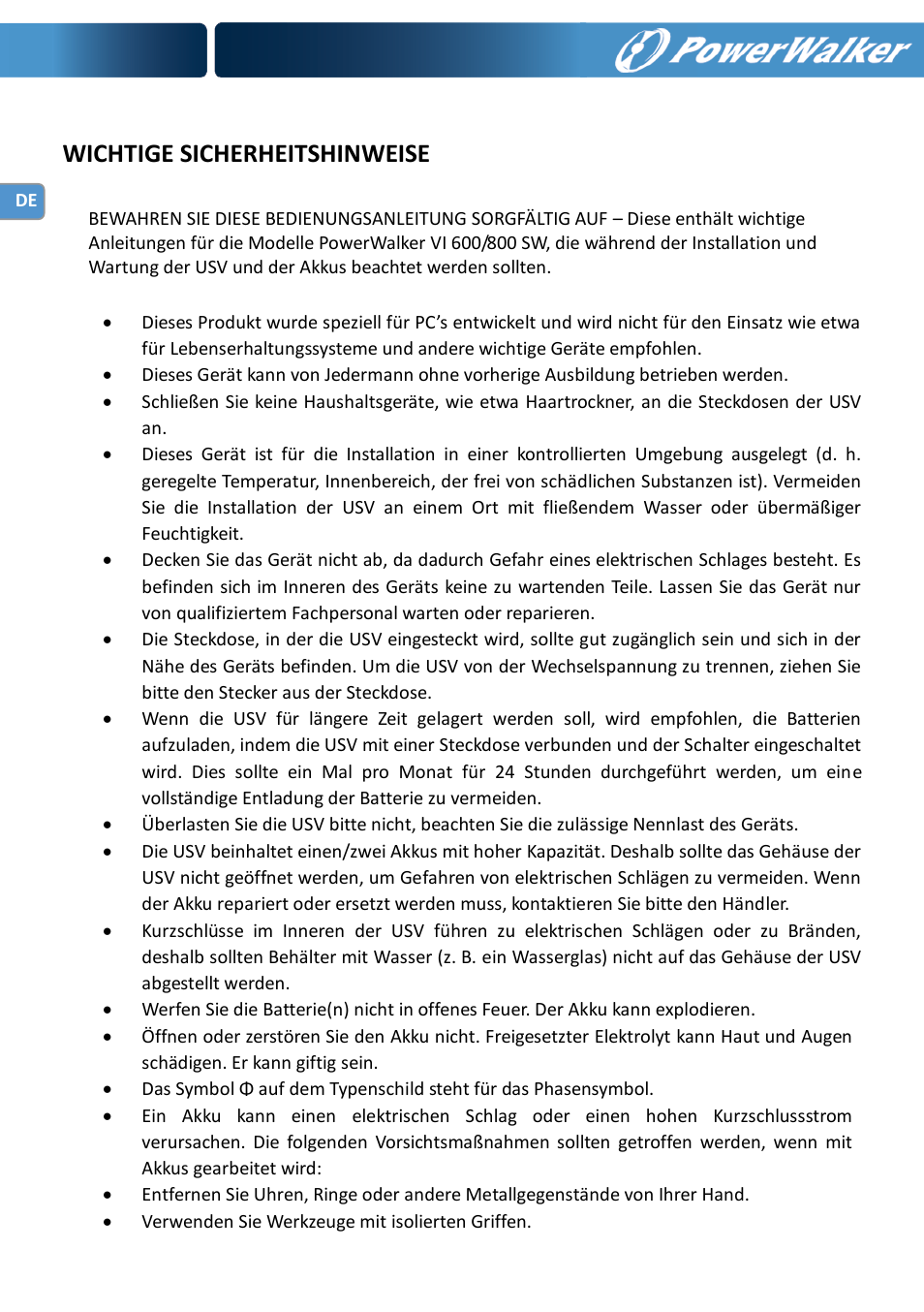 Wichtige sicherheitshinweise | PowerWalker VI 600 SW User Manual | Page 10 / 160