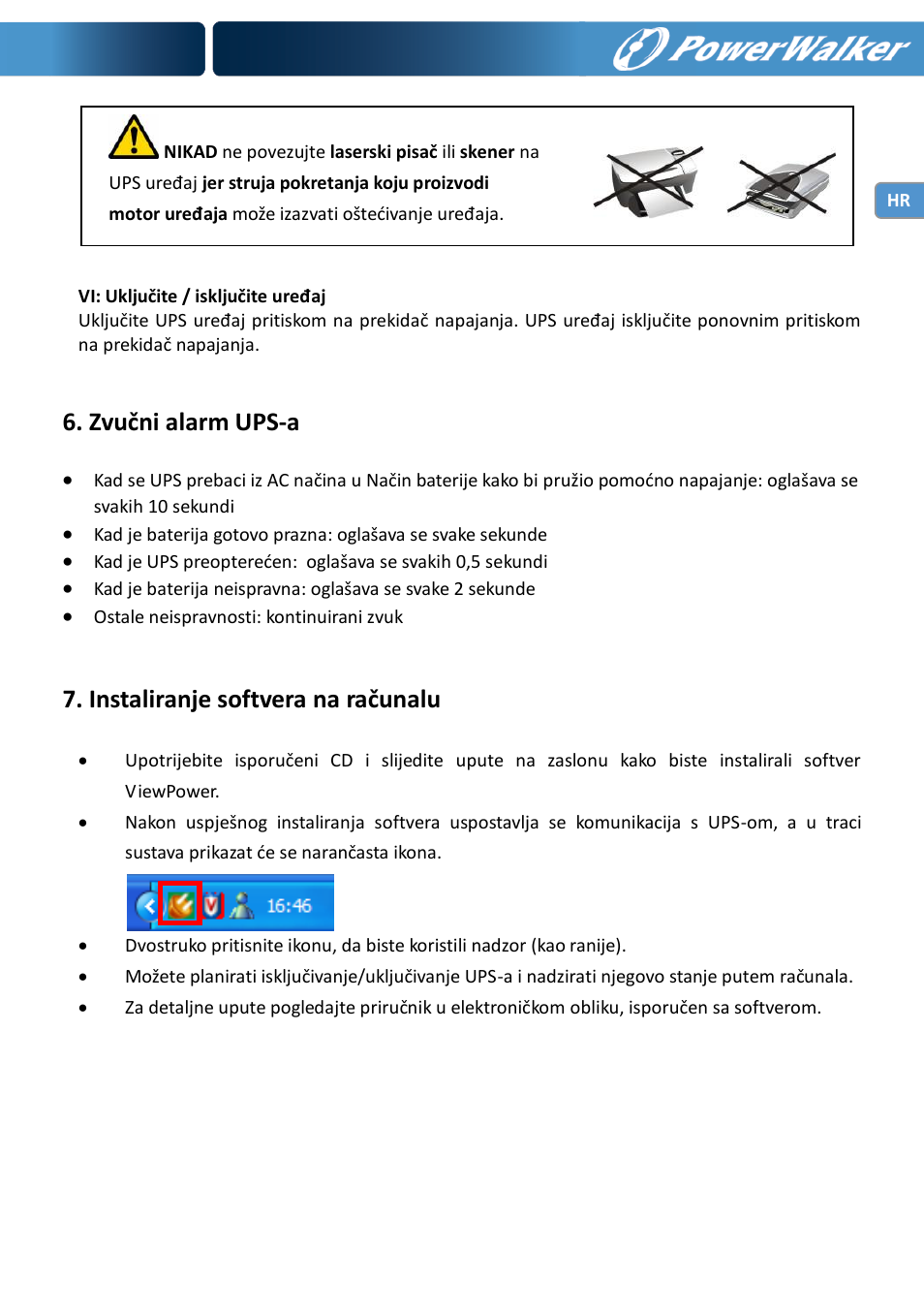 Zvučni alarm ups-a, Instaliranje softvera na računalu | PowerWalker VI 600 SW User Manual | Page 127 / 160