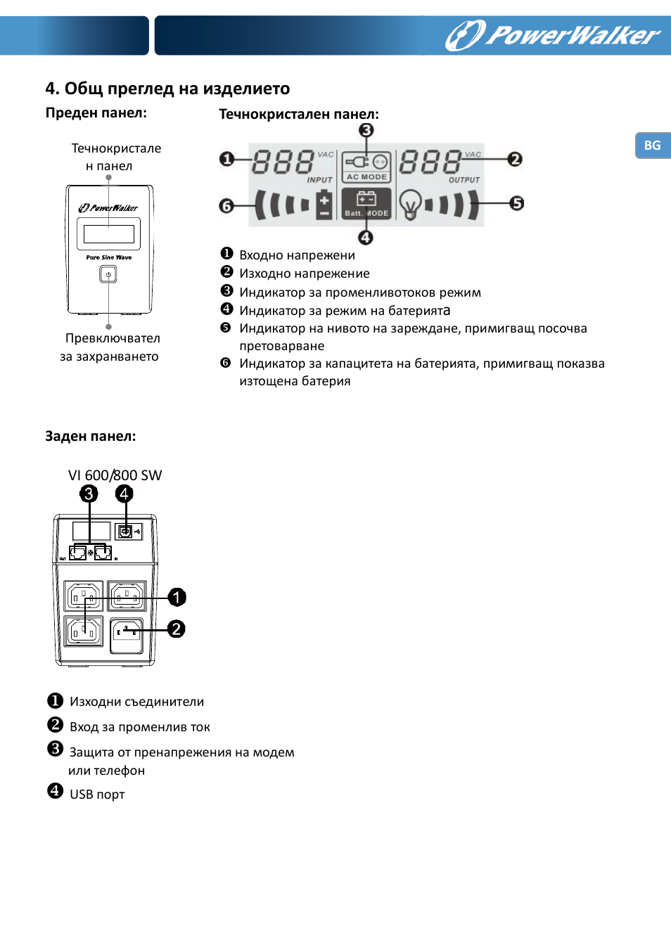 Общ преглед на изделието | PowerWalker VI 600 SW User Manual | Page 141 / 160