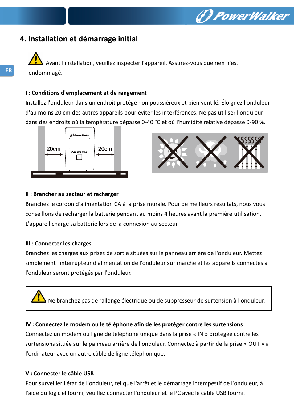 Installation et démarrage initial | PowerWalker VI 600 SW User Manual | Page 22 / 160