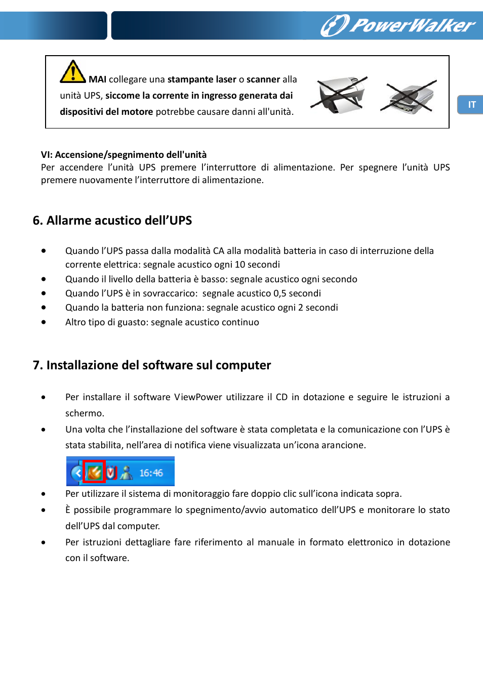Allarme acustico dell’ups, Installazione del software sul computer | PowerWalker VI 600 SW User Manual | Page 39 / 160