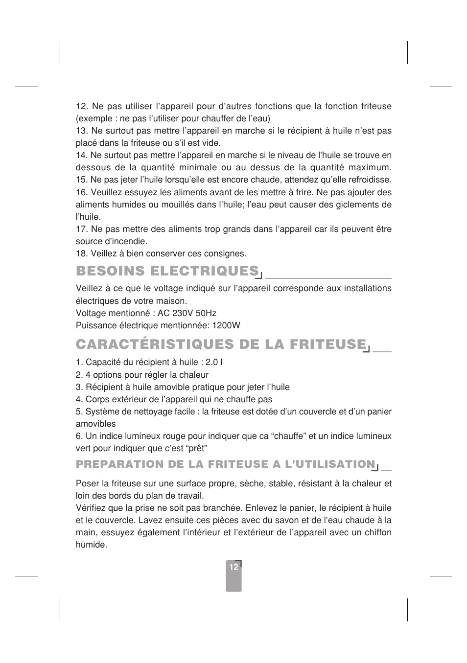 Besoins electriques, Caractéristiques de la friteuse | SINBO SDF 3817 User Manual | Page 13 / 44