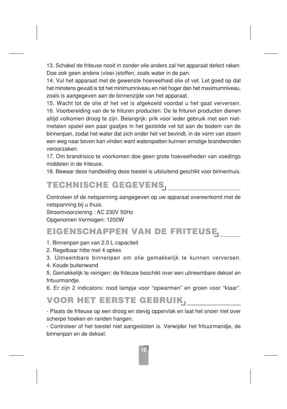 Technische gegevens, Eigenschappen van de friteuse, Voor het eerste gebruik | SINBO SDF 3817 User Manual | Page 17 / 44