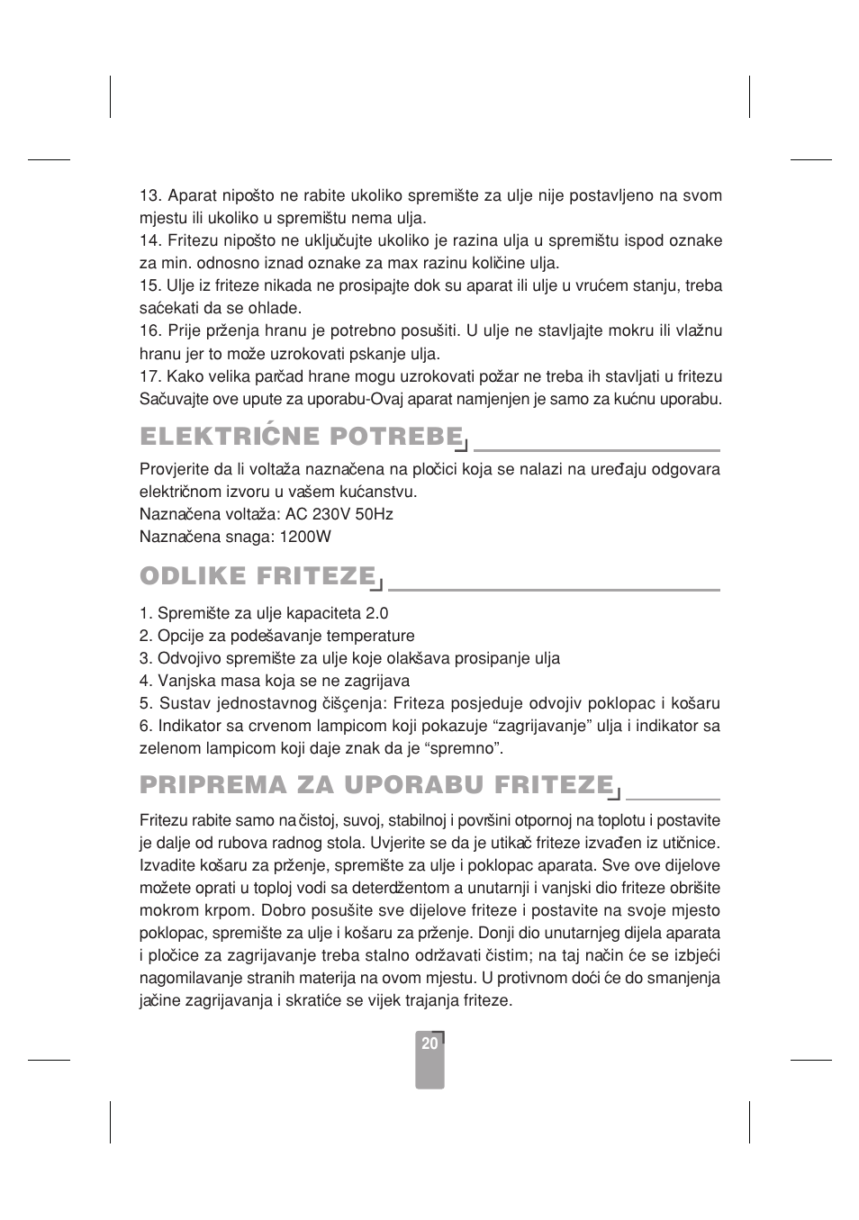 Elektri ´cne potrebe, Odlike friteze, Priprema za uporabu friteze | SINBO SDF 3817 User Manual | Page 21 / 44