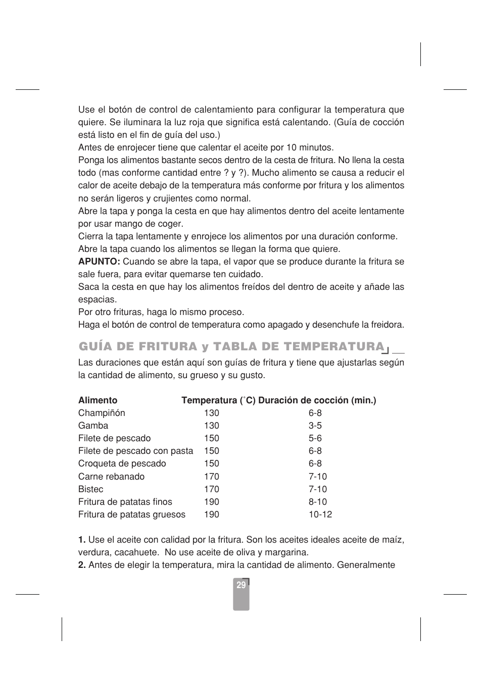 Guía de fritura y tabla de temperatura | SINBO SDF 3817 User Manual | Page 30 / 44