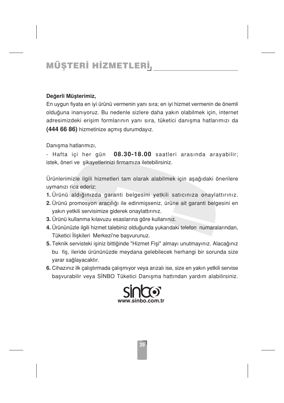 Müfiter‹ h‹zmetler | SINBO SDF 3817 User Manual | Page 40 / 44