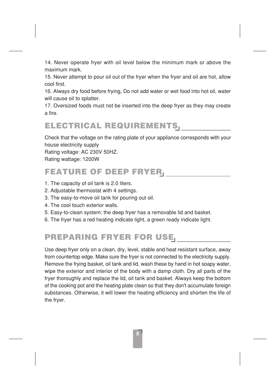 Electrical requirements, Feature of deep fryer, Preparing fryer for use | SINBO SDF 3817 User Manual | Page 9 / 44