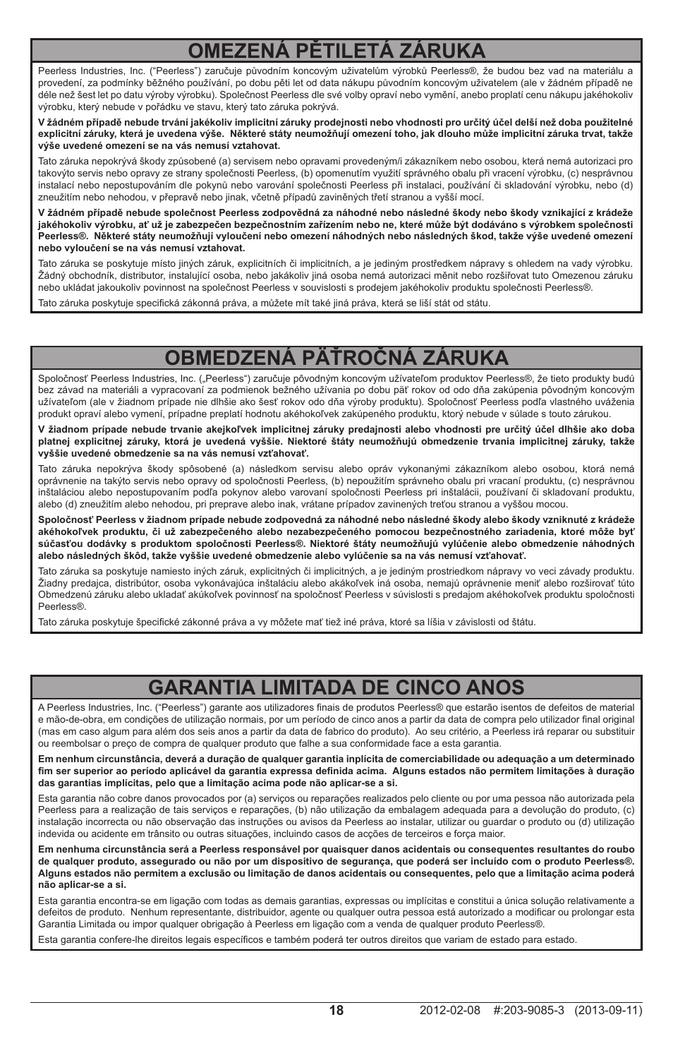 Omezená pětiletá záruka, Obmedzená päťročná záruka, Garantia limitada de cinco anos | Peerless-AV SF670P - Installation User Manual | Page 18 / 20