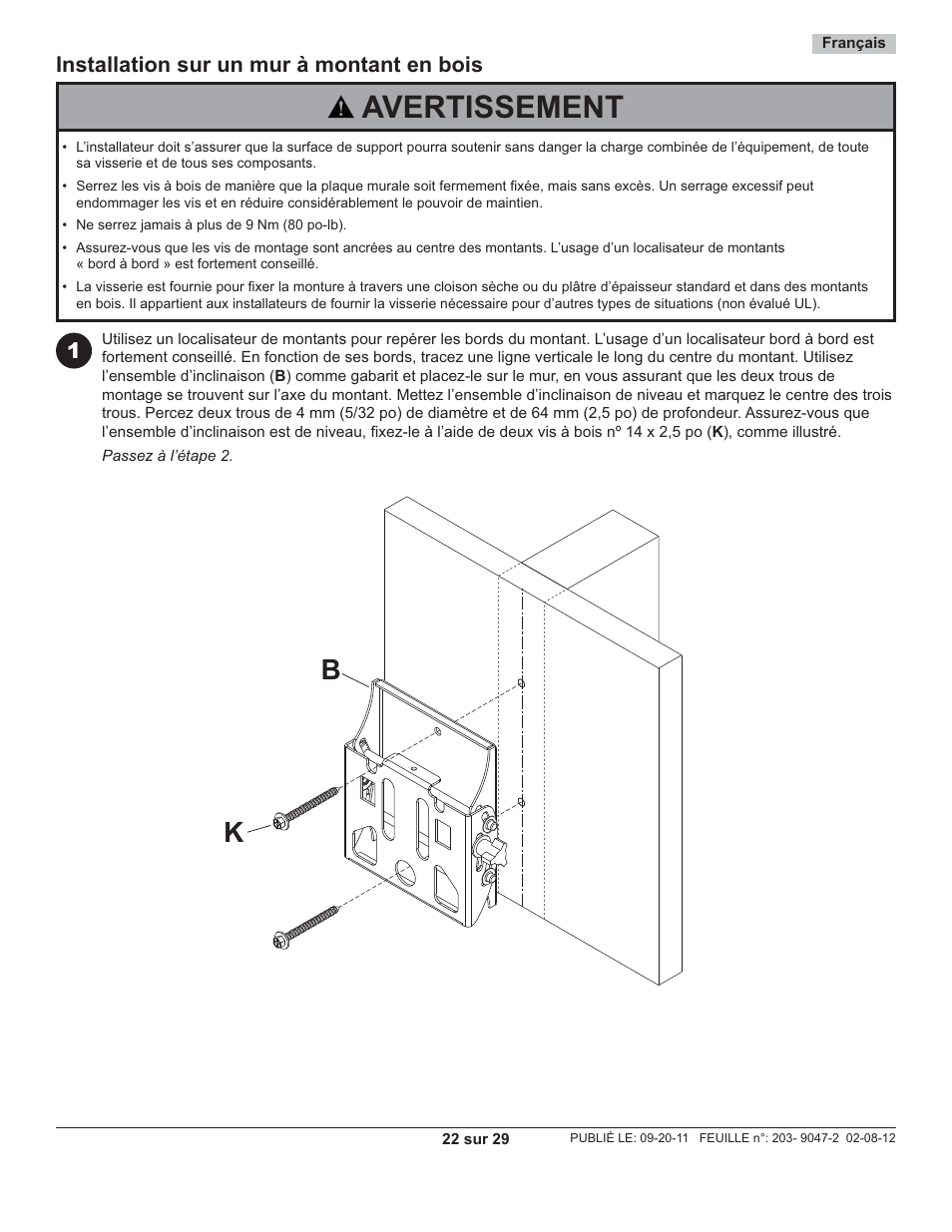 Avertissement, 1installation sur un mur à montant en bois | Peerless-AV ST632-AW - Installation User Manual | Page 22 / 29