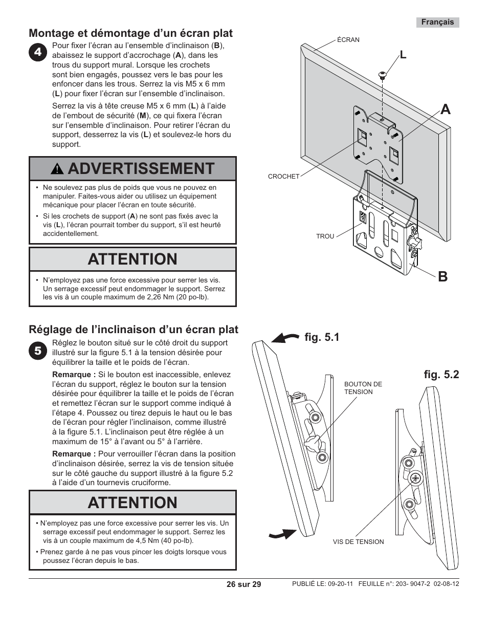 Attention, Advertissement, Montage et démontage d’un écran plat 4 | 5réglage de l’inclinaison d’un écran plat, Fi g. 5.1 fi g. 5.2 | Peerless-AV ST632-AW - Installation User Manual | Page 26 / 29