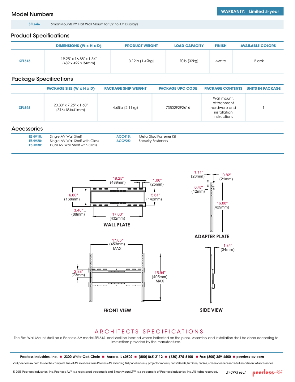 Package specifications accessories, Product specifications model numbers, Front view adapter plate wall plate side view | Peerless-AV SFL646  - Sell Sheet User Manual | Page 2 / 2