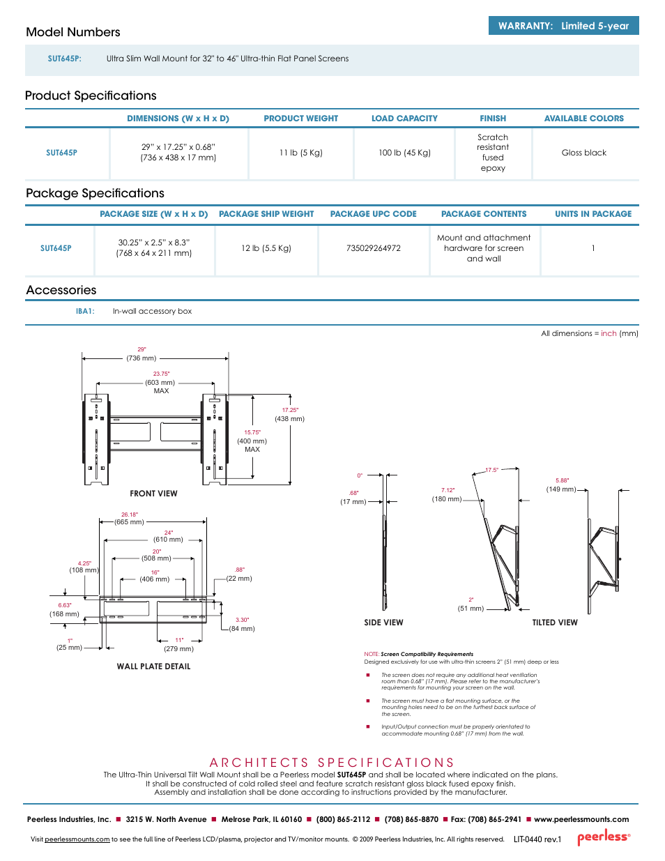 Package specifications accessories, Product specifications model numbers, Warranty: limited 5-year | Peerless-AV SUT645P  - Sell Sheet User Manual | Page 2 / 2