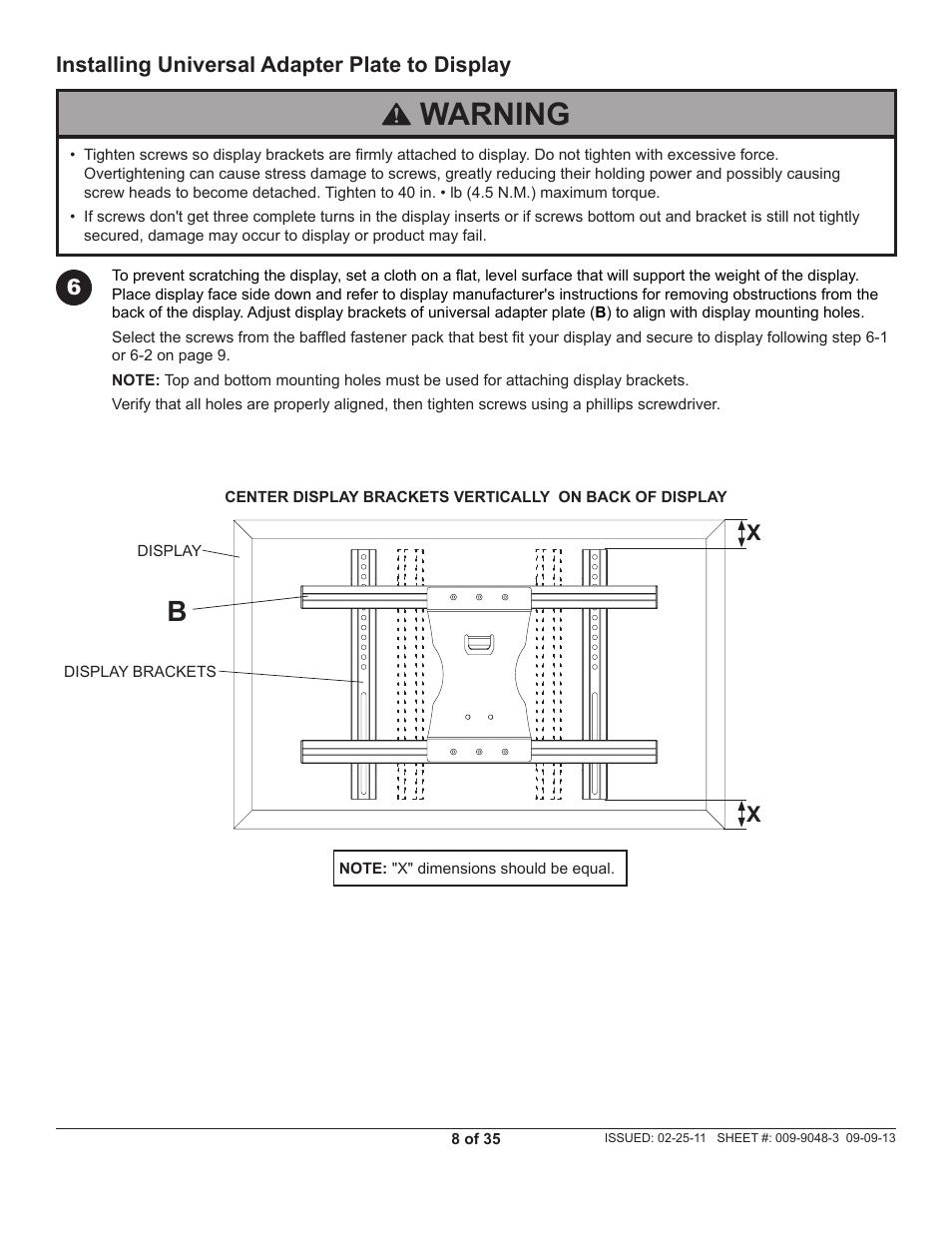 Warning, 6installing universal adapter plate to display | Peerless-AV SC550 - Installation User Manual | Page 8 / 35