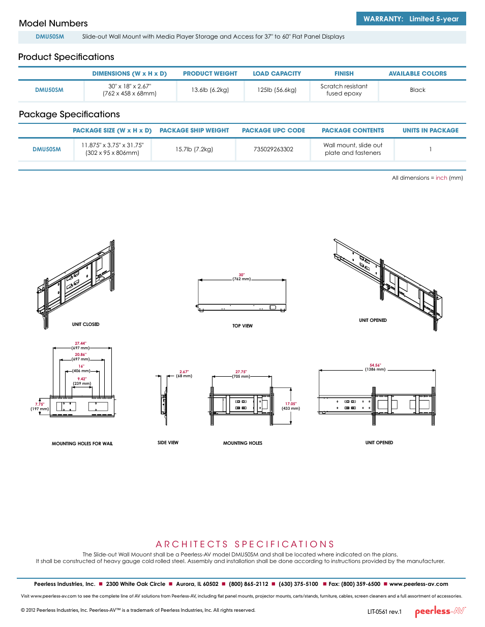 Warranty: limited 5-year | Peerless-AV DMU50SM  - Sell Sheet User Manual | Page 2 / 2