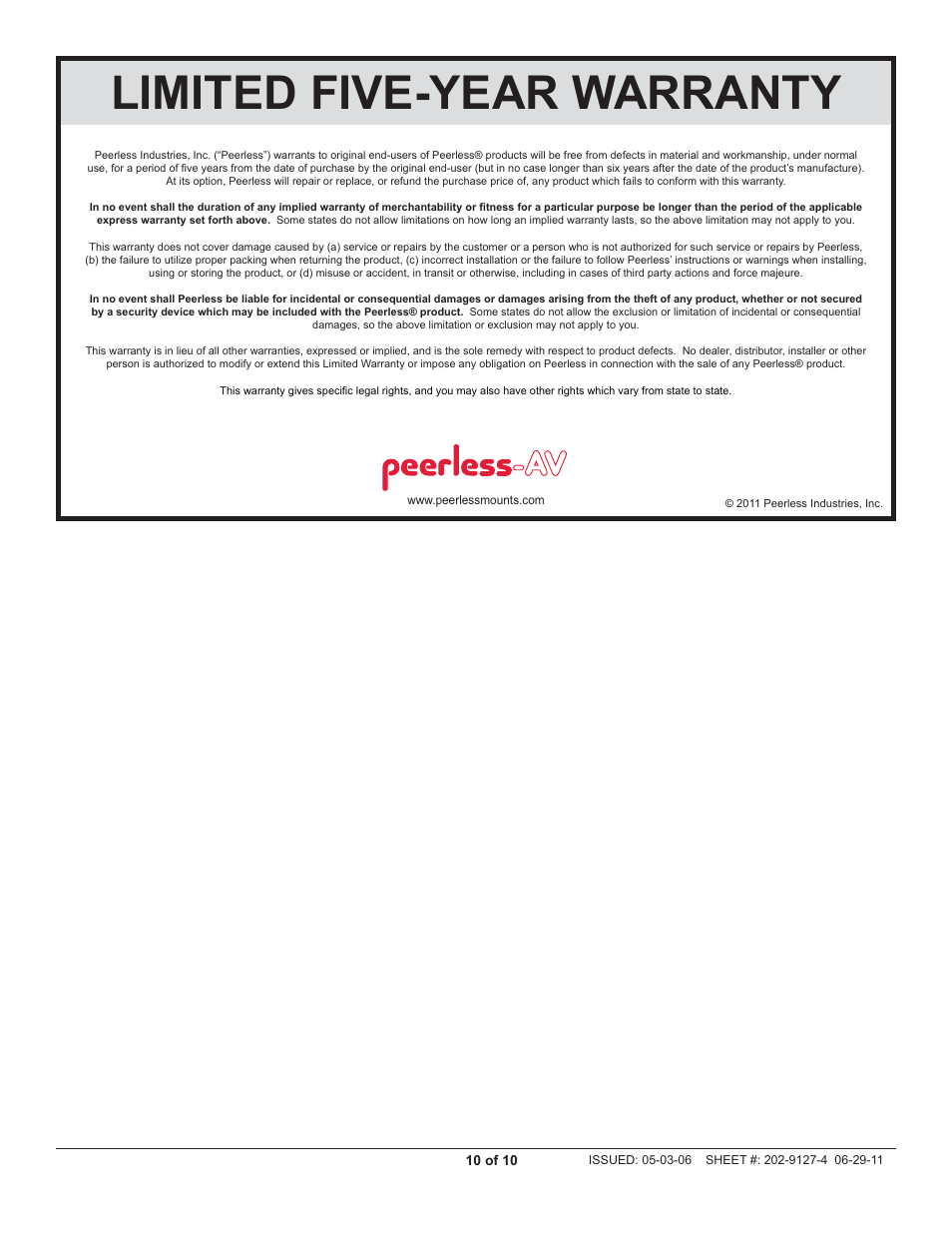 Limited five-year warranty | Peerless-AV PLA50 - Installation User Manual | Page 10 / 10