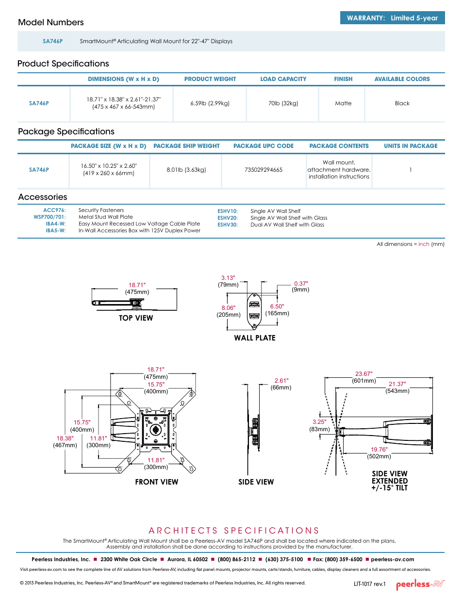 Package specifications accessories, Product specifications model numbers | Peerless-AV SA746P  - Sell Sheet User Manual | Page 2 / 2