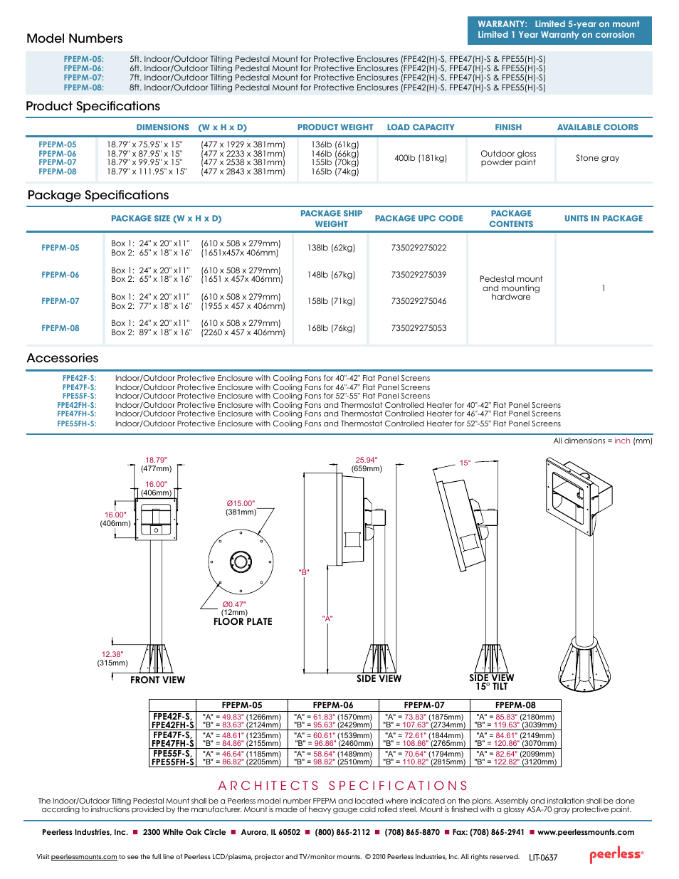 Product specifications model numbers, Package specifications, Accessories | Peerless-AV FPEPM-08  - Sell Sheet User Manual | Page 2 / 2