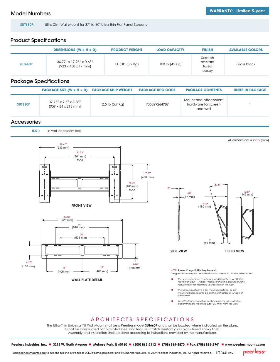 Package specifications accessories, Product specifications model numbers, Warranty: limited 5-year | Peerless-AV SUT660P  - Sell Sheet User Manual | Page 2 / 2