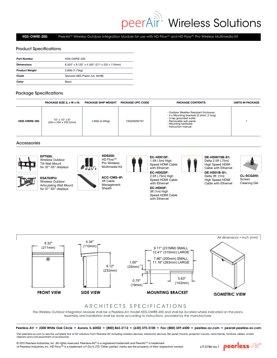 Wireless solutions, Accessories, Package specifications | Product specifications | Peerless-AV HDS-OWRE-200  - Sell Sheet User Manual | Page 2 / 2