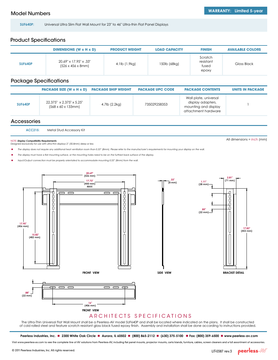 Package specifications accessories, Product specifications model numbers, Warranty: limited 5-year | Peerless-AV SUF640P  - Sell Sheet User Manual | Page 2 / 2