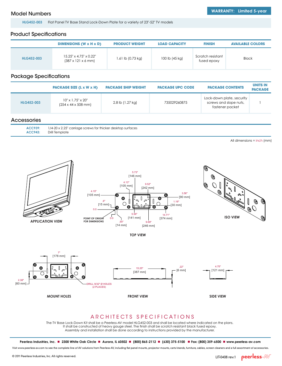Product specifications model numbers, Package specifications accessories, Warranty: limited 5-year | Peerless-AV HLG452-003  - Sell Sheet User Manual | Page 2 / 2