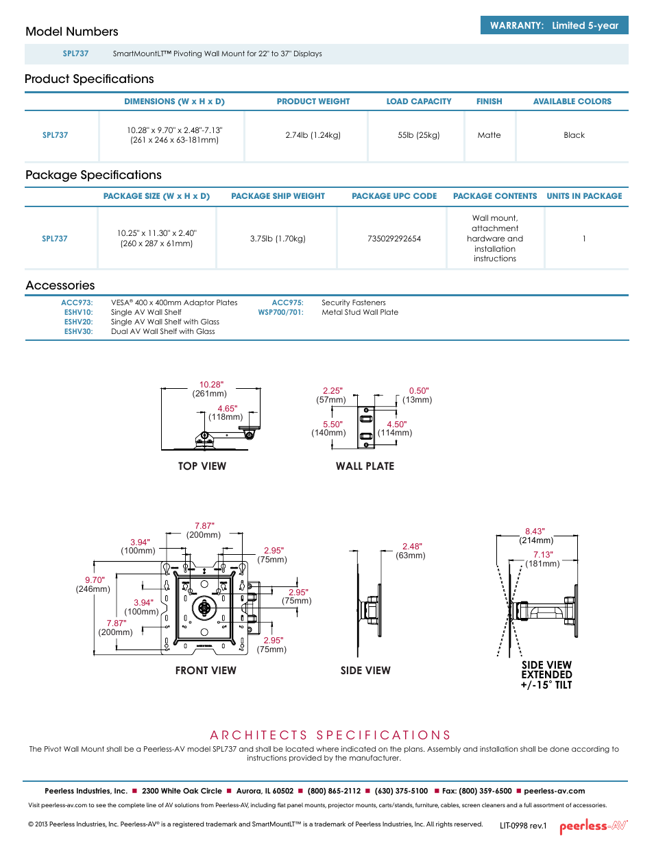 Package specifications accessories, Product specifications model numbers, Front view top view wall plate side view | Side view extended +/-15 tilt | Peerless-AV SPL737  - Sell Sheet User Manual | Page 2 / 2