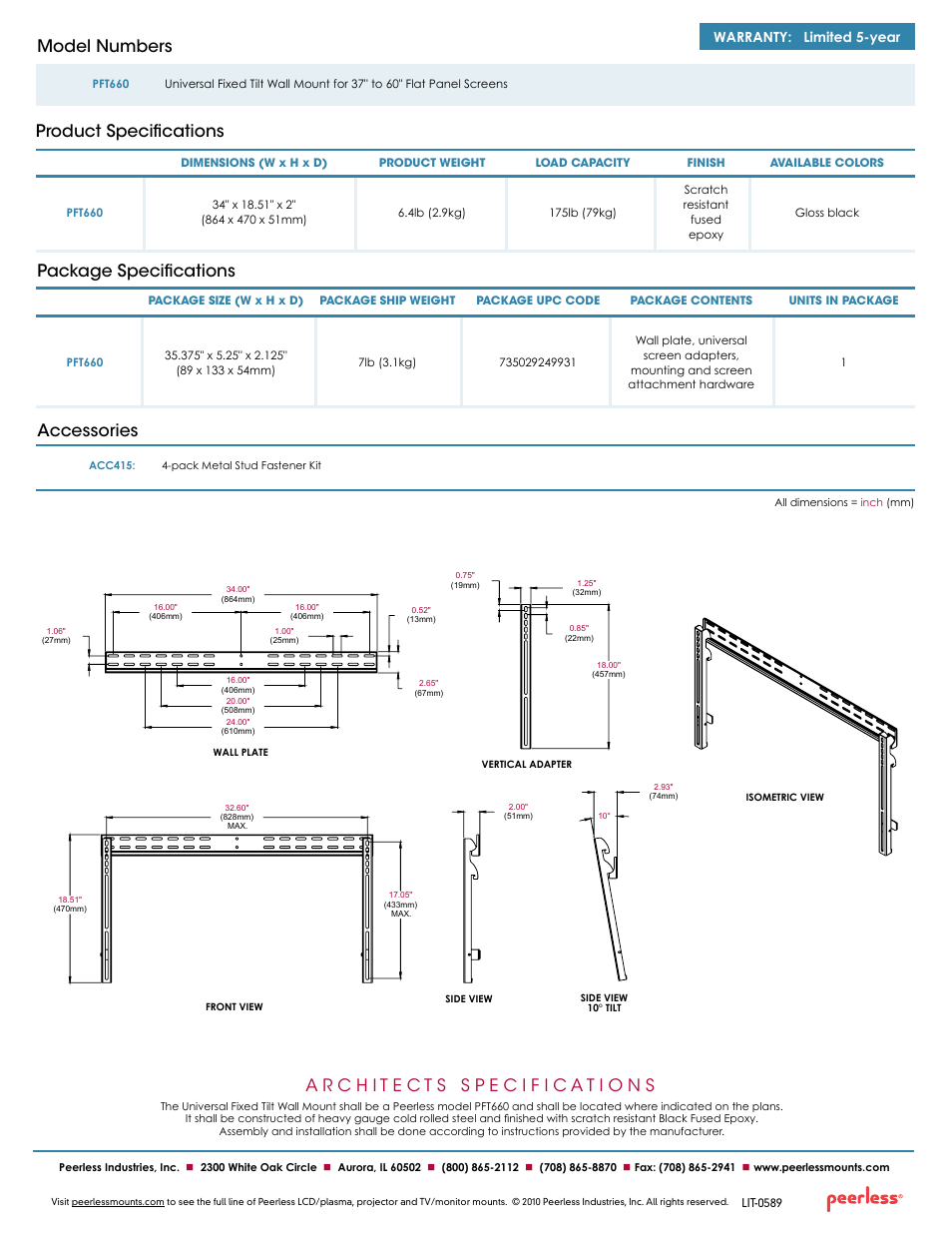 Package specifications accessories, Product specifications model numbers, Warranty: limited 5-year | Peerless-AV PFT660  - Sell Sheet User Manual | Page 2 / 2