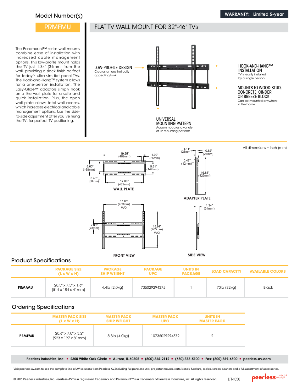 Prmfmu, Flat tv wall mount for 32"-46" tvs, Model number(s) | Ordering specifications, Product specifications, Warranty: limited 5-year, Universal mounting pattern, Low-profile design, Hook-and-hang ™ installation | Peerless-AV PRMFMU  - Sell Sheet User Manual | Page 2 / 2